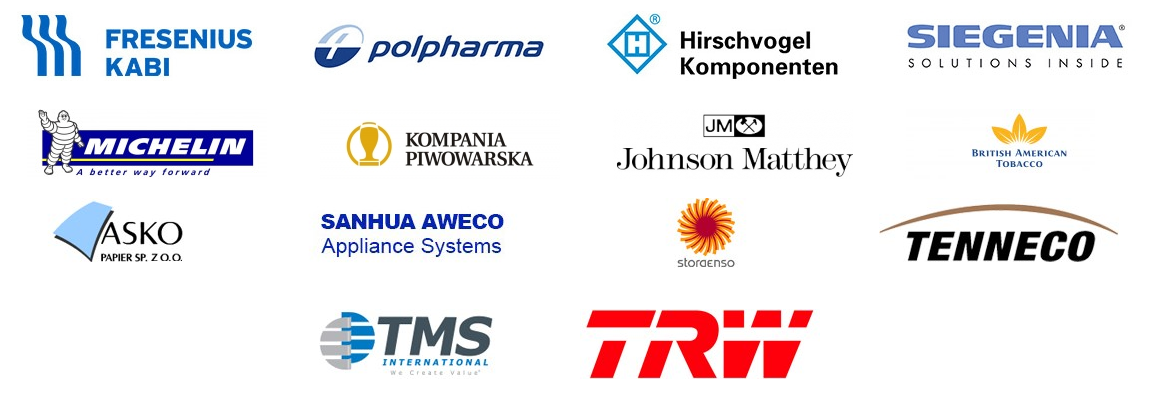 Fresenius Kabi, Polpharma, Hirschvogel Komponenten, Siegenia, Michelin, Kompania Piwowarska, Johnson Matthey, British American Tobacco, Asko Papier, Sanhua Aweco, Storaenso, Tenneco, TMS International, TRW
